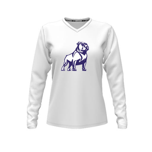 [CUS-DFW-TEES-CMF-VNK-LSL-WHT-FYXS-LOGO2] Decker Comfort T-Shirt (Female Youth XS, White, V Neck, Logo 2, Long Sleeve)