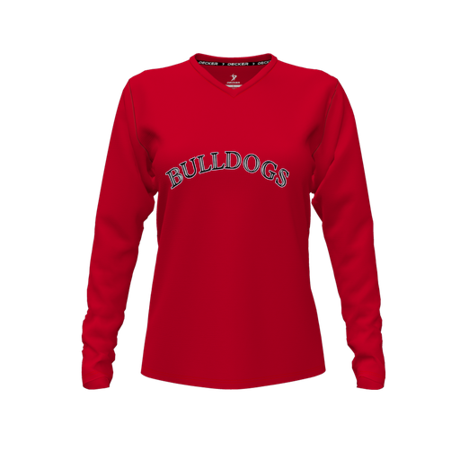 [CUS-DFW-TEES-PER-VNK-LSL-RED-FYXS-LOGO1] Performance T-Shirt (Female Youth XS, Red, V Neck, Logo 1, Long Sleeve)