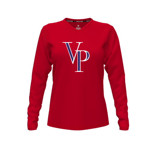 [FTLVPTRD-FYXS-LOGO3] Decker Performance T-Shirt (Female Youth XS, Red, V Neck, Logo 3, Long Sleeve)